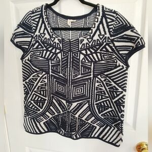 Anthropologie Moth Dahlia Jacquard Navy Knit Top Geometric Artsy Boho Size L